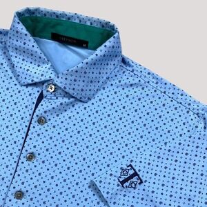 Greyson Triple Threat Icon Polo Mens M Blue Wolf Head Crossed Arrow All Over